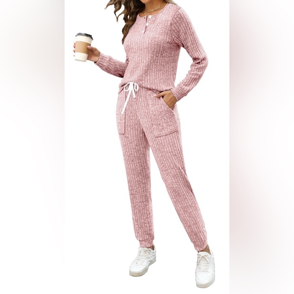 Cozy Ribbed Knit Lounge Set- Pink - Picture 3 of 5